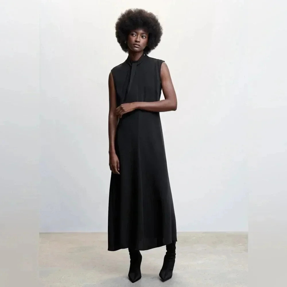 Mango Long Black Bow Dress NWT